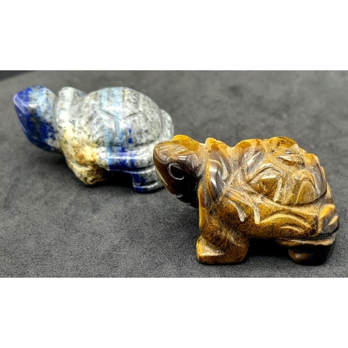 780 - Two Very Lovable Tortoise Figurines - Lapis Lazuli and Tigers Eye. 4.5cm x 4cm.