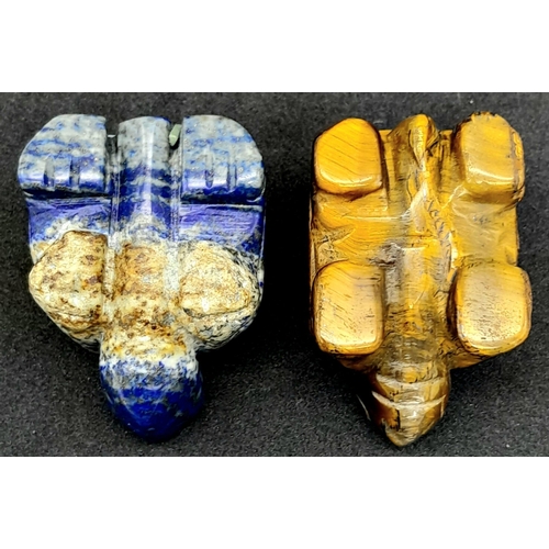 780 - Two Very Lovable Tortoise Figurines - Lapis Lazuli and Tigers Eye. 4.5cm x 4cm.