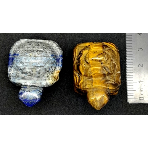 780 - Two Very Lovable Tortoise Figurines - Lapis Lazuli and Tigers Eye. 4.5cm x 4cm.