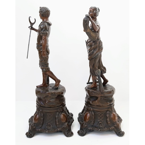 995 - A charming pair of Victorian Smelted Bronze Statues.
Both workers, this man & woman have spent the d... 