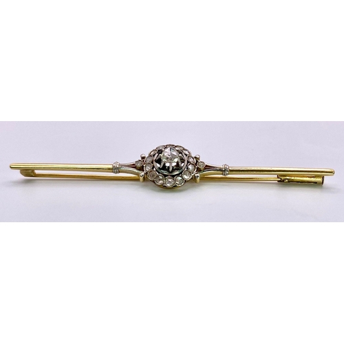 1199 - An Antique, 18KT Yellow Gold Brooch set with fabulous Old Cut Diamonds.
Halloed by diamonds, the cen... 