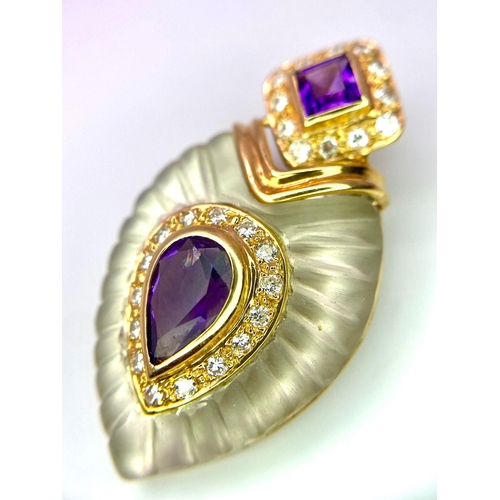 170 - A Captivating, Regal-Esque, 14K Yellow Gold, Amethyst, Diamond and Frosted Quartz Pendant. A truly, ... 