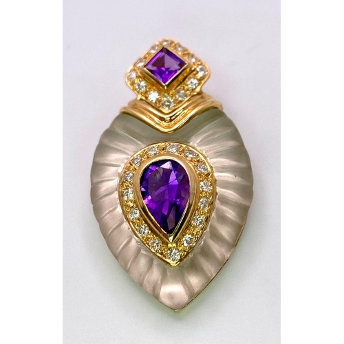 170 - A Captivating, Regal-Esque, 14K Yellow Gold, Amethyst, Diamond and Frosted Quartz Pendant. A truly, ... 