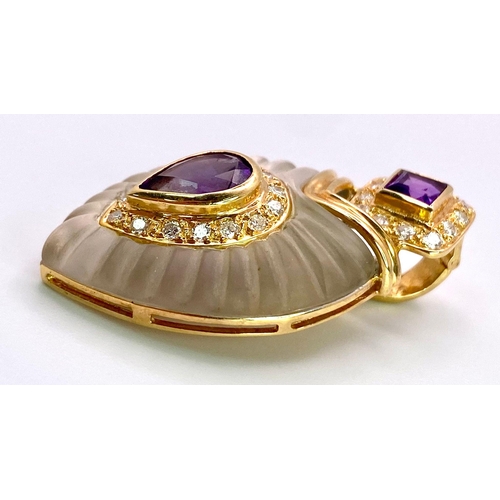 170 - A Captivating, Regal-Esque, 14K Yellow Gold, Amethyst, Diamond and Frosted Quartz Pendant. A truly, ... 