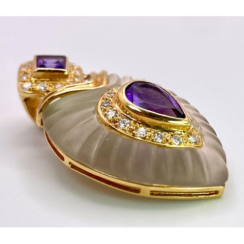 170 - A Captivating, Regal-Esque, 14K Yellow Gold, Amethyst, Diamond and Frosted Quartz Pendant. A truly, ... 