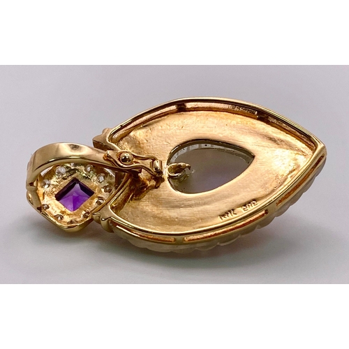 170 - A Captivating, Regal-Esque, 14K Yellow Gold, Amethyst, Diamond and Frosted Quartz Pendant. A truly, ... 