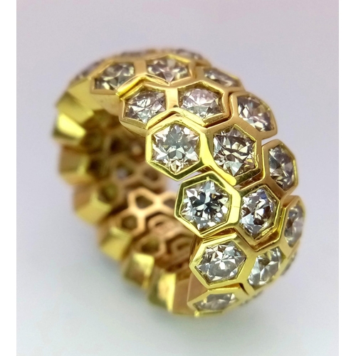 176 - A Golkonda 18K Yellow Gold and Diamond Honeycomb Ring. Size L. 5ctw of bright hexagonal cut diamonds... 