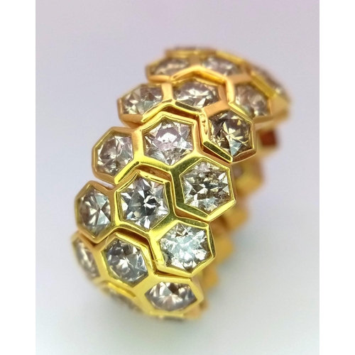 176 - A Golkonda 18K Yellow Gold and Diamond Honeycomb Ring. Size L. 5ctw of bright hexagonal cut diamonds... 