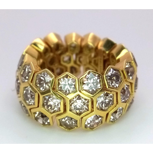 176 - A Golkonda 18K Yellow Gold and Diamond Honeycomb Ring. Size L. 5ctw of bright hexagonal cut diamonds... 