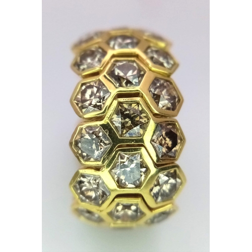 176 - A Golkonda 18K Yellow Gold and Diamond Honeycomb Ring. Size L. 5ctw of bright hexagonal cut diamonds... 