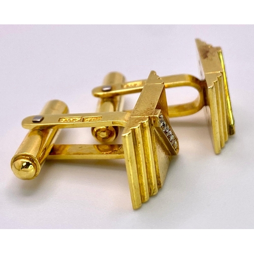 312 - A Pair of 14K Yellow Gold and Diamond Cufflinks. Rich gold, rectangular cufflinks with a decorative ... 