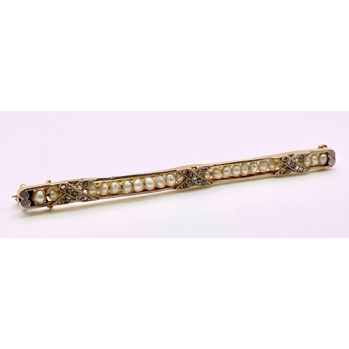 319 - An Antique Mid-Karat Gold, Pearl and Diamond Bar Brooch.
6.5cm length. 5.24g total weight.