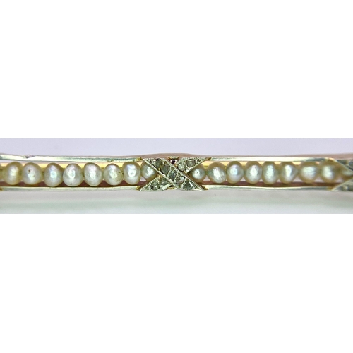 319 - An Antique Mid-Karat Gold, Pearl and Diamond Bar Brooch.
6.5cm length. 5.24g total weight.