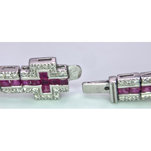 37 - A Captivating 18K White Gold, Ruby and Diamond Ladies Tennis Bracelet. 112 Square cut rubies and 300... 