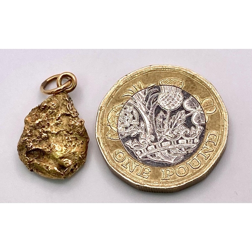 787 - A Pure Gold Nugget Pendant. Tests at the highest level. 4.5g nugget weight. 25mm