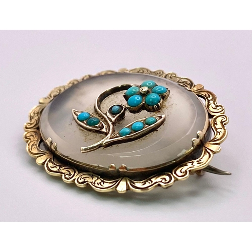 841 - An Antique (Victorian) 15K Gold, Agate and Turquoise Brooch. 3cm. 5.95g total weight.