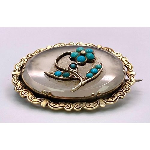 841 - An Antique (Victorian) 15K Gold, Agate and Turquoise Brooch. 3cm. 5.95g total weight.