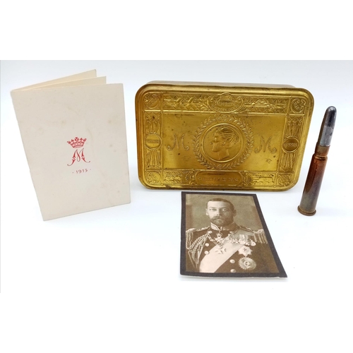 846 - WW1 British 1914 Princess Mary Christmas Tin with original pencil, Christmas Card & Picture of t... 