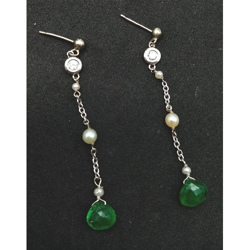 1192 - A Pair of 18K Gold, Emerald, Pearl and Diamond Drop Earrings. 4.5cm drop. 1.55g total weight.