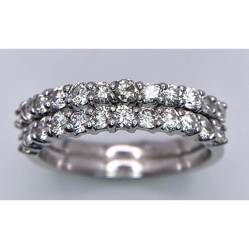 123 - A 14K WHITE GOLD DOUBLE ROW DIAMOND RING. SIZE N/O, 0.96CTW, 4.1G TOTAL WEIGHT.    Ref: SC 7018