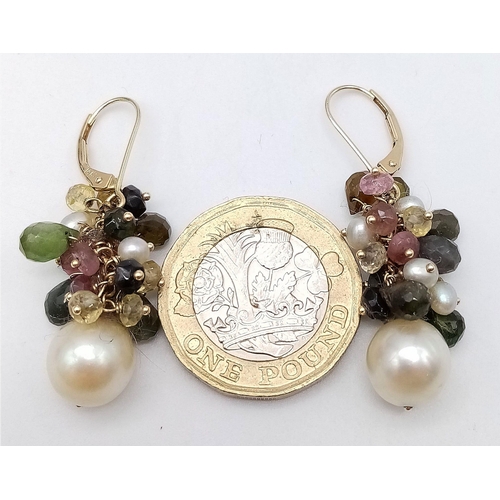 1283 - A Pair of 14K Gold Pearl and Gemstone Cluster Earrings. 3cm drop. 7.82g total weight.