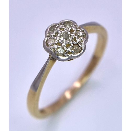 130 - AN 18K YELLOW GOLD AND PLATINUM VINTGE CLUSTER DIAMOND RING. SIZE R, 3.1G TOTAL WEIGHT.    Ref: SC 7... 