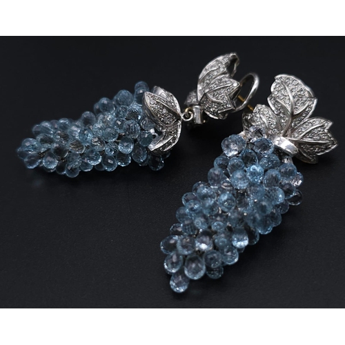 880 - A Head-Turning Pair of 14K White Gold, Aquamarine and Diamond Grape Earrings. Two white gold and dia... 