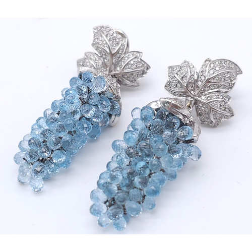 880 - A Head-Turning Pair of 14K White Gold, Aquamarine and Diamond Grape Earrings. Two white gold and dia... 