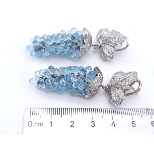 880 - A Head-Turning Pair of 14K White Gold, Aquamarine and Diamond Grape Earrings. Two white gold and dia... 