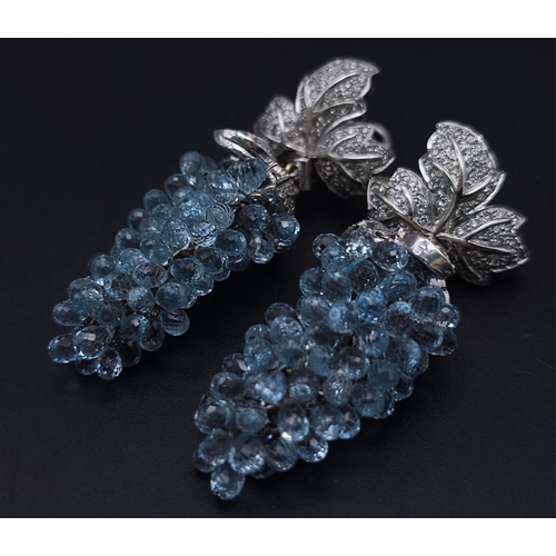 880 - A Head-Turning Pair of 14K White Gold, Aquamarine and Diamond Grape Earrings. Two white gold and dia... 