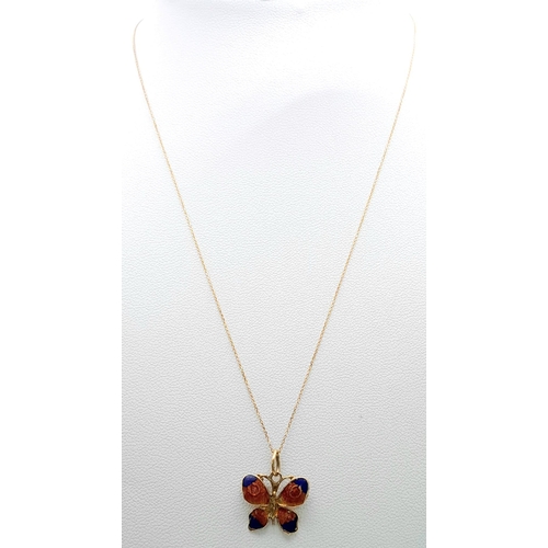 1325 - An 18K Gold and Enamel Butterfly Pendant on an 18K Gold Disappearing Necklace. 2cm - pendant. 40cm -... 