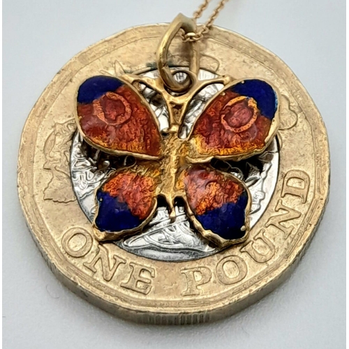 1325 - An 18K Gold and Enamel Butterfly Pendant on an 18K Gold Disappearing Necklace. 2cm - pendant. 40cm -... 