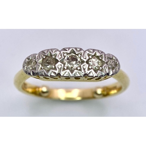 151 - 18K YELLOW GOLD & PLATINUM, VINTAGE 5 STONE RING.
WEIGHS 3.9G, SIZE K/L AND HAS SIZING BALLS INSIDE ... 