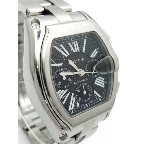 155 - A Cartier Roadster Automatic Chronograph Gents Watch. Stainless steel bracelet and case - 40mm. Blac... 