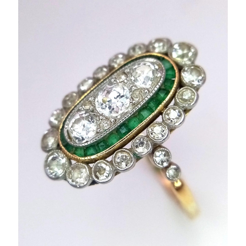 172 - A VINTAGE 9K YELLOW GOLD DIAMOND & EMERALD RING. Size P, 0.90ctw old cut diamonds, 4.2g total weight... 