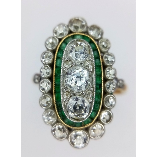 172 - A VINTAGE 9K YELLOW GOLD DIAMOND & EMERALD RING. Size P, 0.90ctw old cut diamonds, 4.2g total weight... 