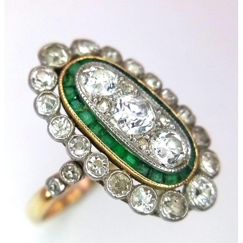 172 - A VINTAGE 9K YELLOW GOLD DIAMOND & EMERALD RING. Size P, 0.90ctw old cut diamonds, 4.2g total weight... 