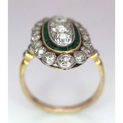 172 - A VINTAGE 9K YELLOW GOLD DIAMOND & EMERALD RING. Size P, 0.90ctw old cut diamonds, 4.2g total weight... 