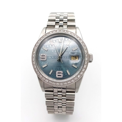 183 - A Rolex Datejust - Blue Logo Diamond Dial Gents Watch! Stainless steel bracelet and case - 36mm. Ice... 