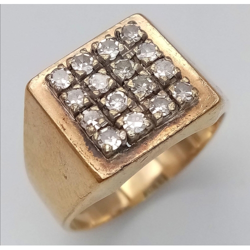 200 - 9K YELLOW GOLD, DIAMOND SET, SIGNET STYLE RING.
0.65CTW, WEIGHS 9.7G AND SIZE: S.

REF: SC 7075