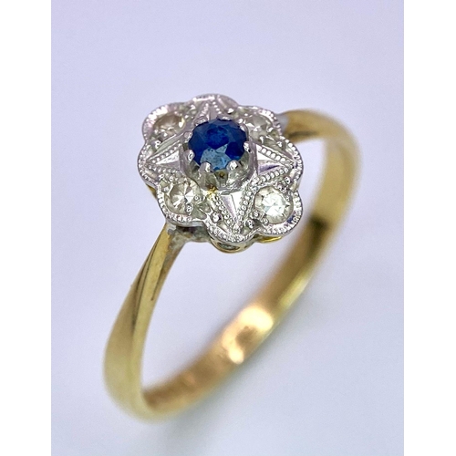 207 - A VINTAGE 18K YELLOW GOLD DIAMOND & SAPPHIRE RING. Size P, 2.8g total weight.