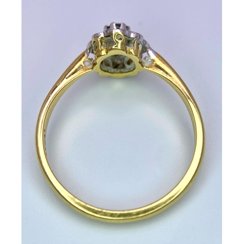 207 - A VINTAGE 18K YELLOW GOLD DIAMOND & SAPPHIRE RING. Size P, 2.8g total weight.