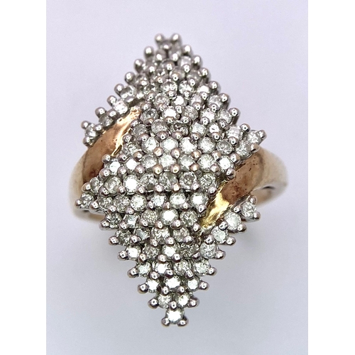 264 - A 9K GOLD DESIGNER DIAMOND CLUSTER RING .  1ct DIAMONDS   4.8gms   size M/N