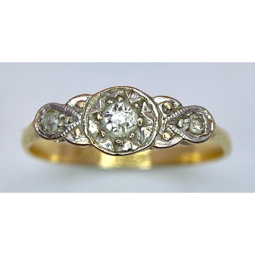 369 - AN 18K YELLOW GOLD AND PLATINUM VINTAGE DIAMOND 3 STONE RING. SIZE J, 1.5G TOTAL WEIGHT.    Ref: SC ... 