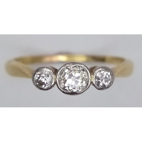 395 - 18K YELLOW GOLD & PLATINUM, VINTAGE OLD CUT DIAMOND, THREE STONE RING.
0.35CTW AND WEIGHS 2.3G.
SIZE... 