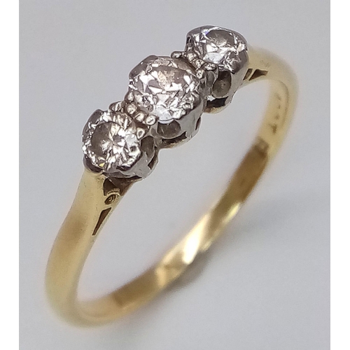 423 - 18K YELLOW GOLD & PLATINUM, DIAMOND 3 STONE RING.
0.25CTW, WEIGHS 1.8G AND SIZE M.

REF: A/S 7015