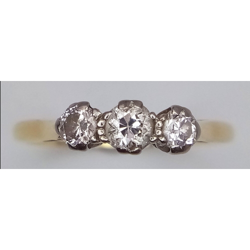 423 - 18K YELLOW GOLD & PLATINUM, DIAMOND 3 STONE RING.
0.25CTW, WEIGHS 1.8G AND SIZE M.

REF: A/S 7015