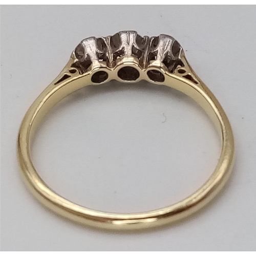 423 - 18K YELLOW GOLD & PLATINUM, DIAMOND 3 STONE RING.
0.25CTW, WEIGHS 1.8G AND SIZE M.

REF: A/S 7015