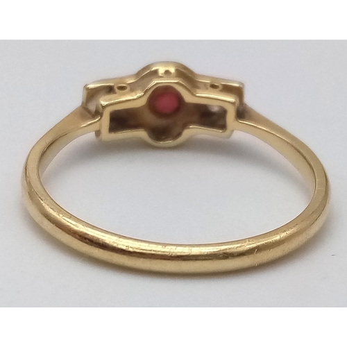 502 - A VINTAGE 18K YELLOW GOLD & PLATINUM DIAMOND & RUBY RING. Size M, 2.1g total weight.