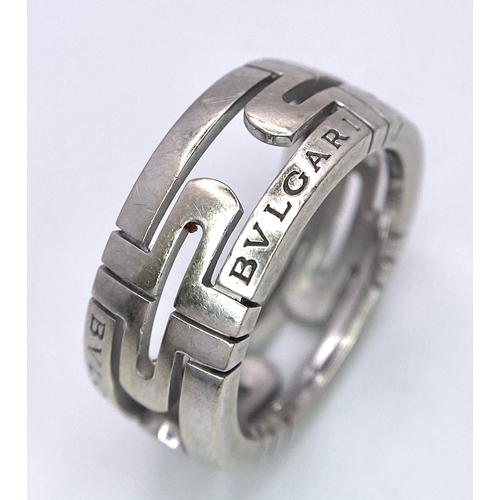 89 - 18K WHITE GOLD BVLGARI RING.
WEIGHS 6.8G AND SIZE 50 OR K.

REF: A/S 7013